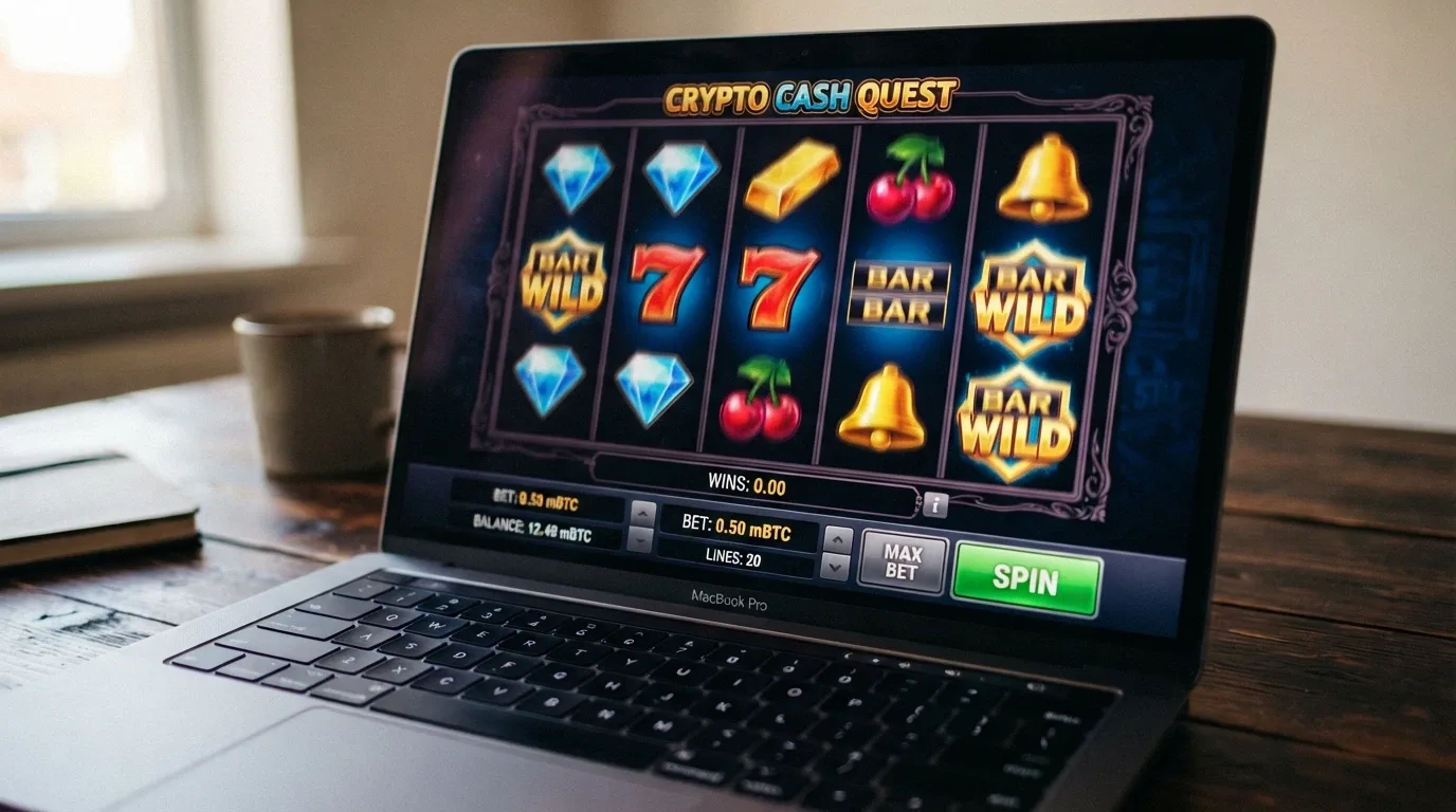 A row of online pokies reels displaying crypto-denominated stakes and balances, with a provider interface visible