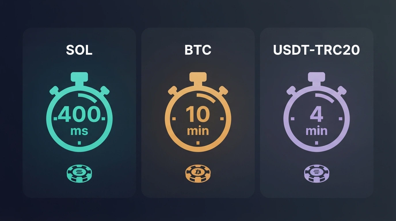 A side-by-side comparison graphic showing Solana at 400 milliseconds, Bitcoin at 10 minutes and USDT-TRC20 at 4 minutes, with casino-themed stopwatch icons