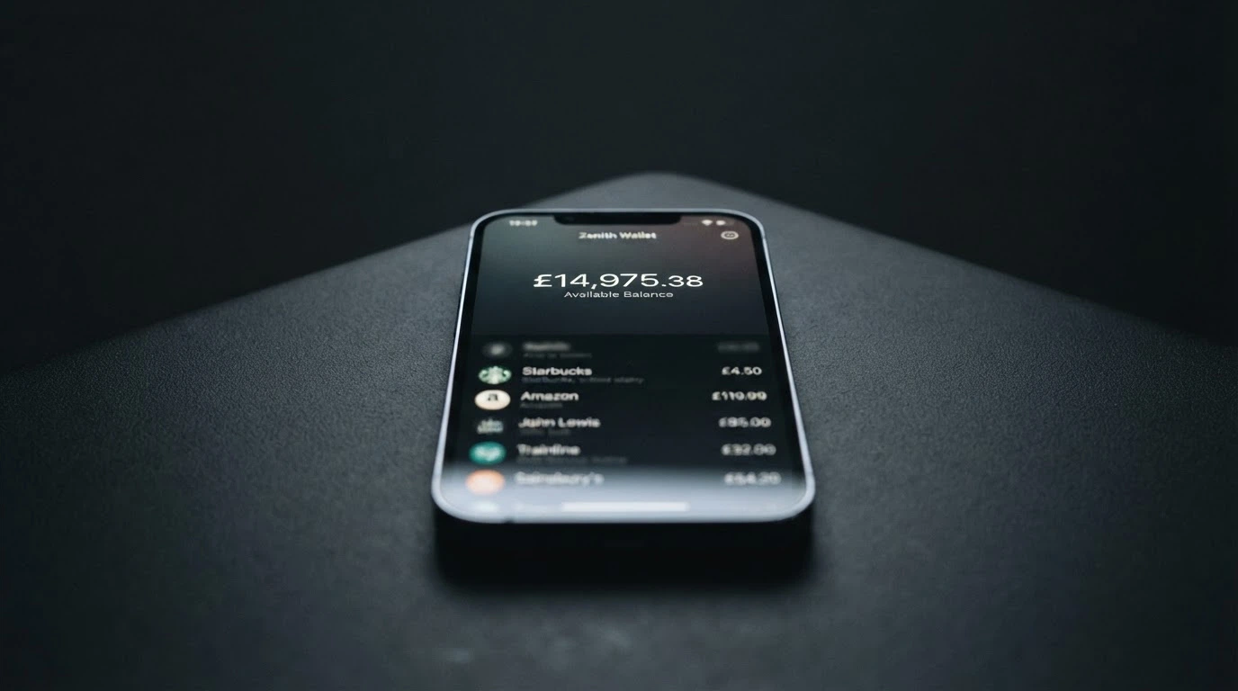 A smartphone displaying a crypto wallet with a USDT balance, the transaction history partially blurred, set against a dark background