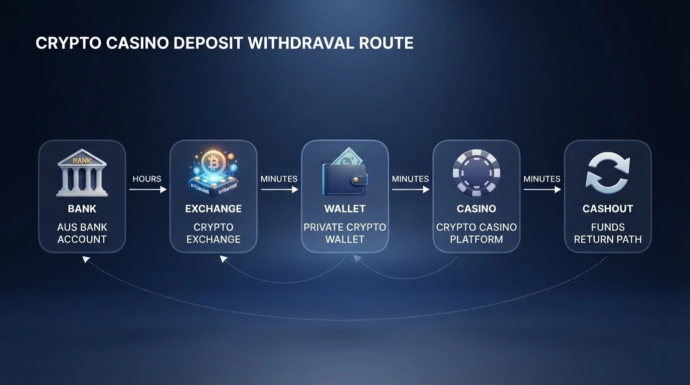 A flow diagram showing the AU bank-to-exchange-to-wallet-to-casino deposit route and the reverse cashout path, with time estimates at each step
