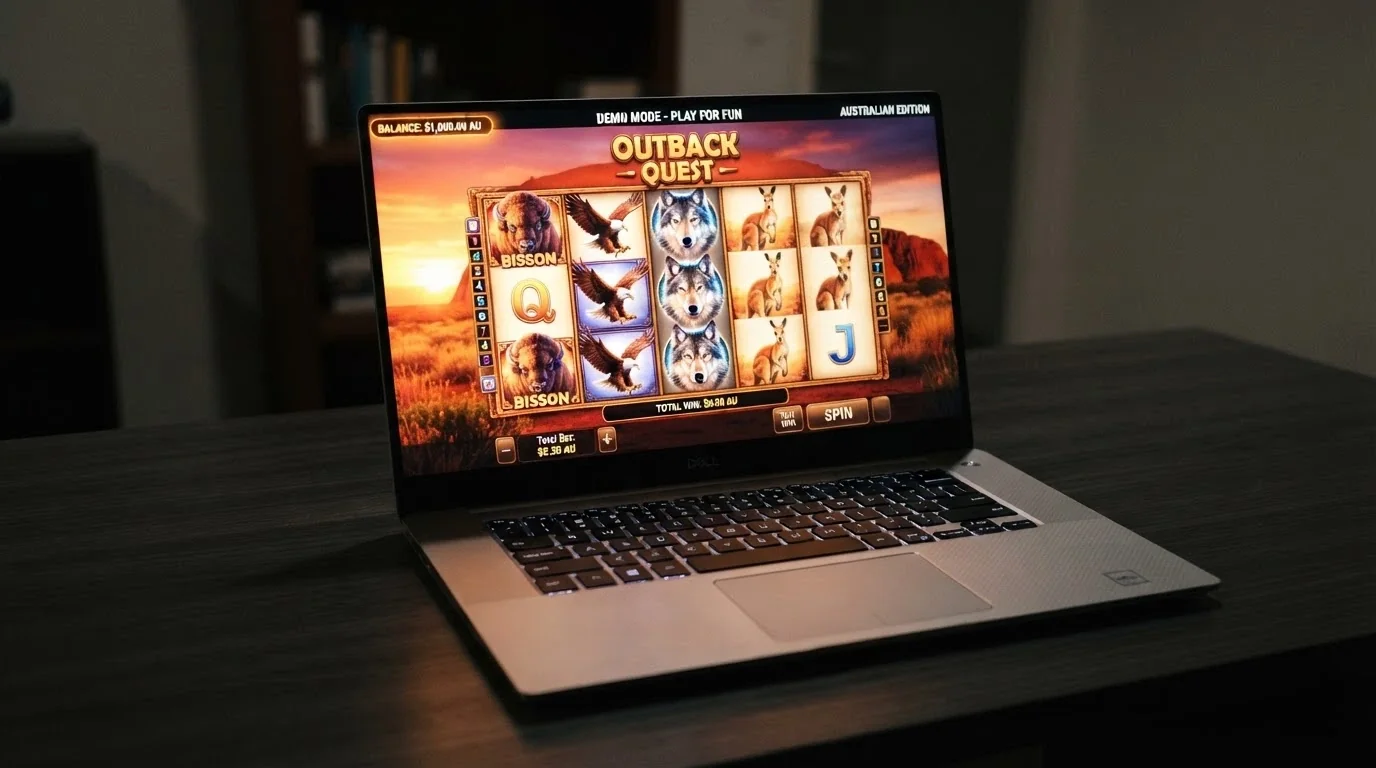 The Buffalo slot game screen in demo mode showing the 1,024-ways-to-win layout with play-money balance in the corner
