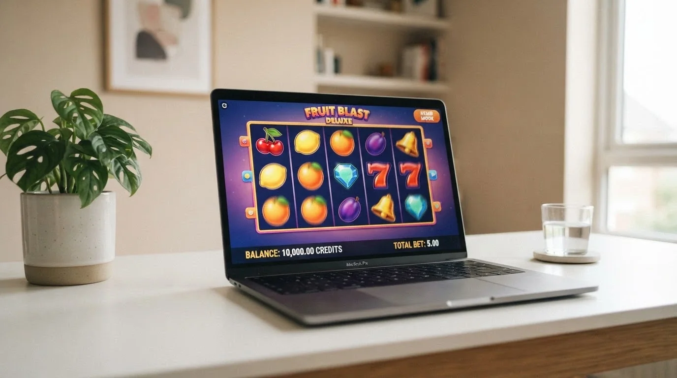 A pokie game in demo mode showing a play-money balance of 10,000 credits, with a small “Play for Fun” or “Demo” badge visible in the corner of the screen