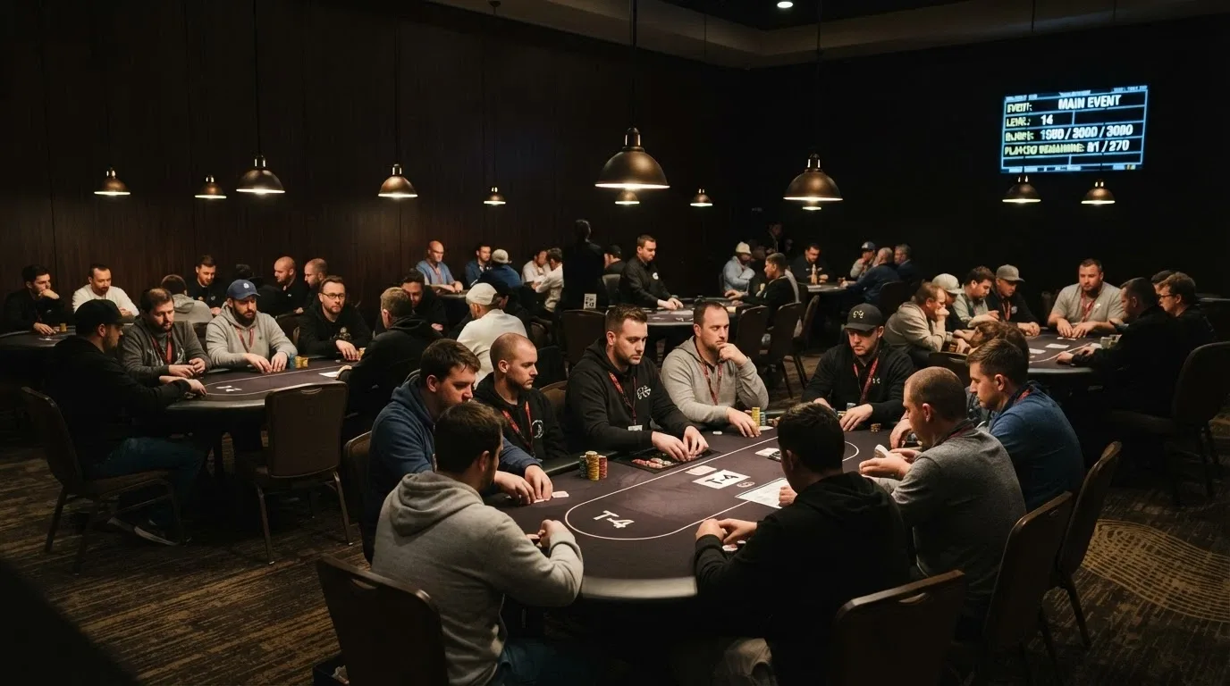 Players seated around green-felt poker tables inside The District Poker room with tournament clock displays visible in the background
