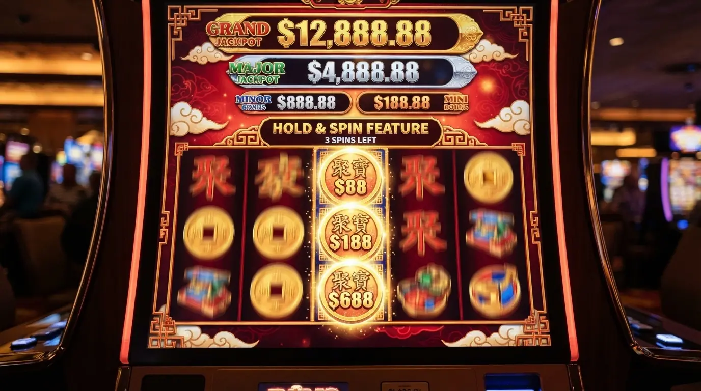 A close-up of a Dragon Link or Lightning Link game screen showing the Hold & Spin feature with jackpot values visible — Grand, Major, Minor and Mini
