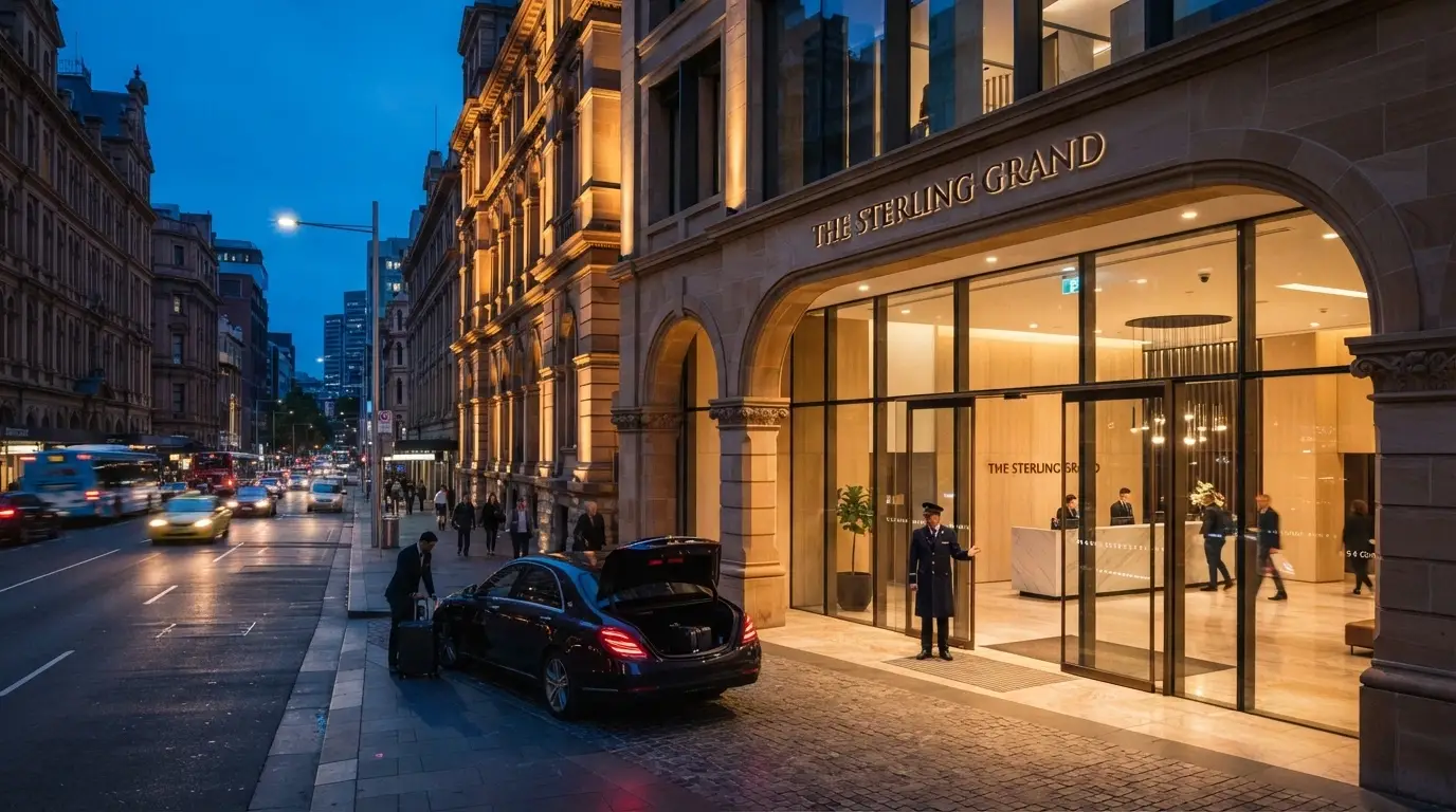 The Eos by SkyCity hotel entrance and lobby with contemporary Australian luxury design and the hotel branding visible