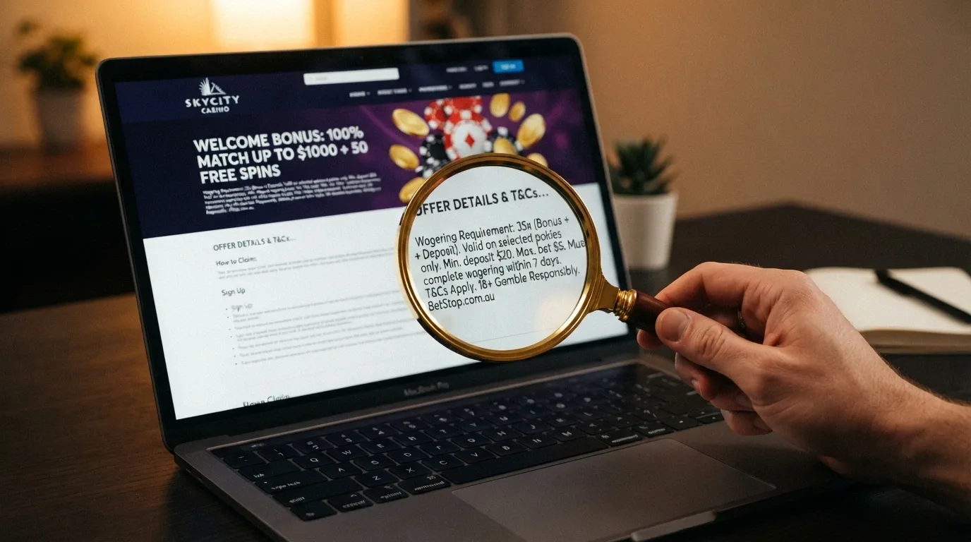 A close-up of a casino promotions page with a magnifying glass highlighting the wagering-requirement fine print below the headline bonus figure