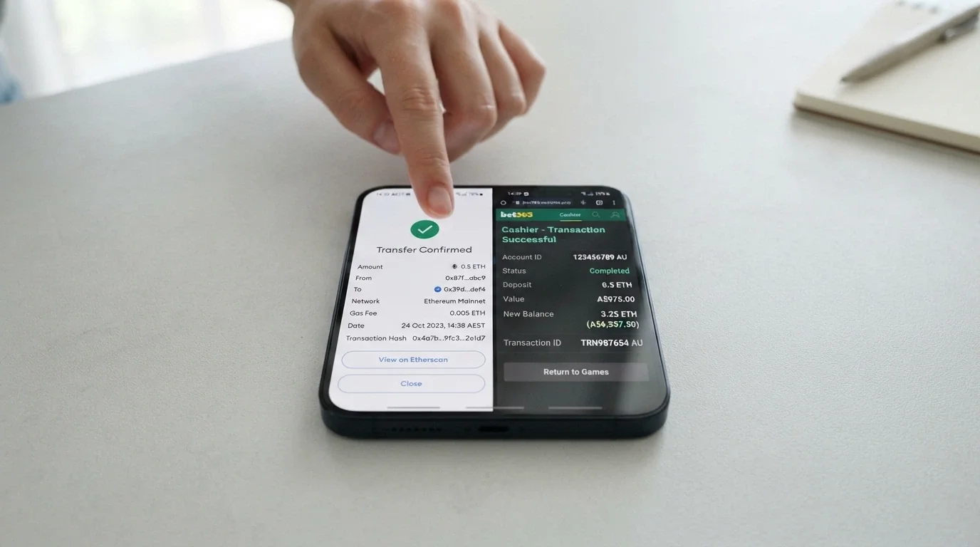 A smartphone displaying a crypto wallet send-confirmation screen beside a casino cashier page showing the credited ETH balance