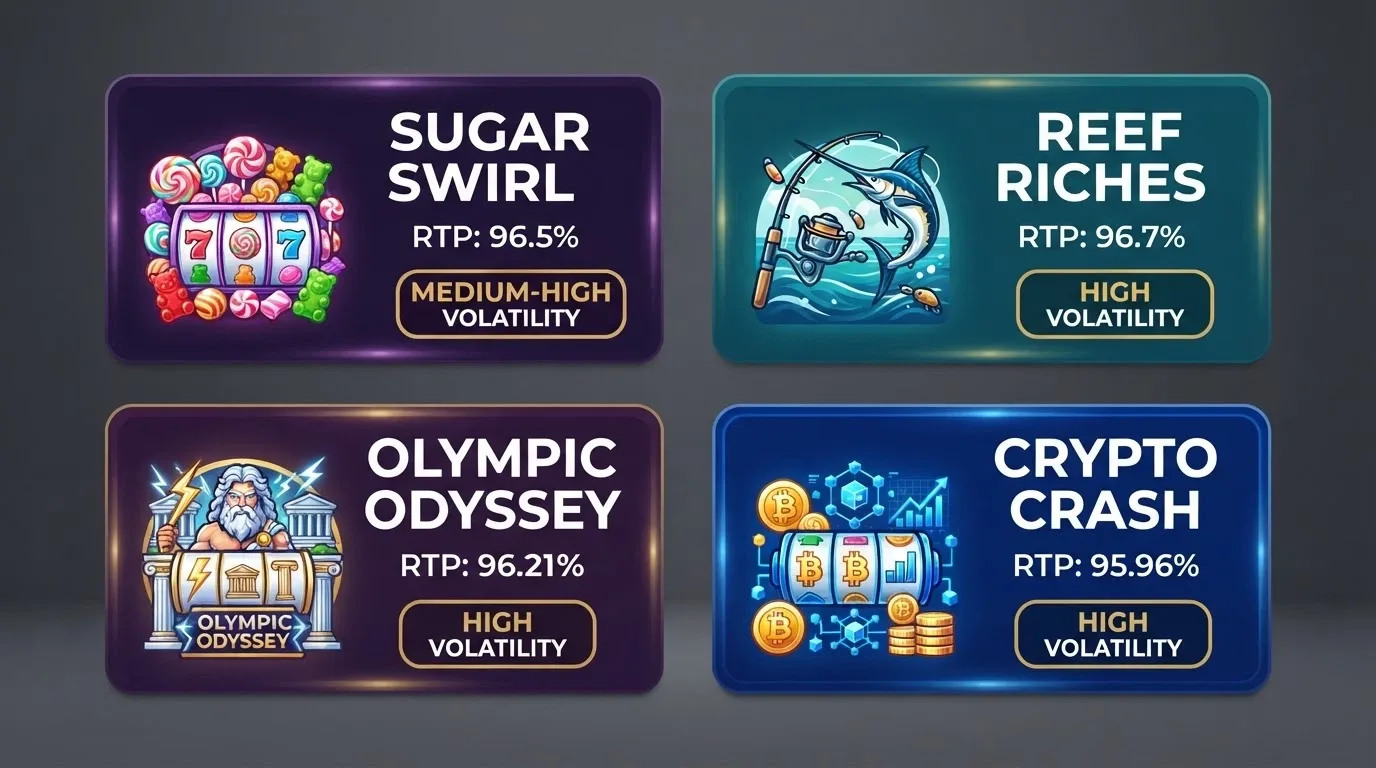 A grid of popular pokie title cards — Sweet Bonanza, Big Bass Bonanza, Gates of Olympus — each showing its RTP percentage and volatility badge