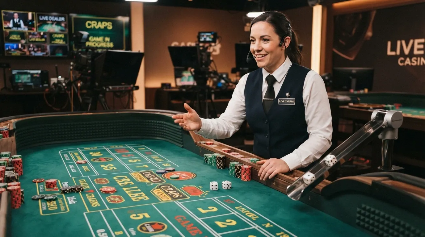 Evolution Craps Live dealer in a studio standing beside a full-size green craps table with the automatic dice launcher arm visible