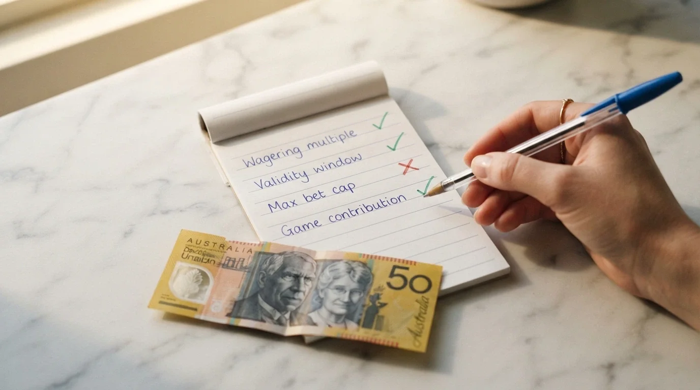 A checklist of four factors — wagering multiple, validity window, max bet cap and game contribution rate — each with a tick or cross beside it, Australian dollar notes to the side