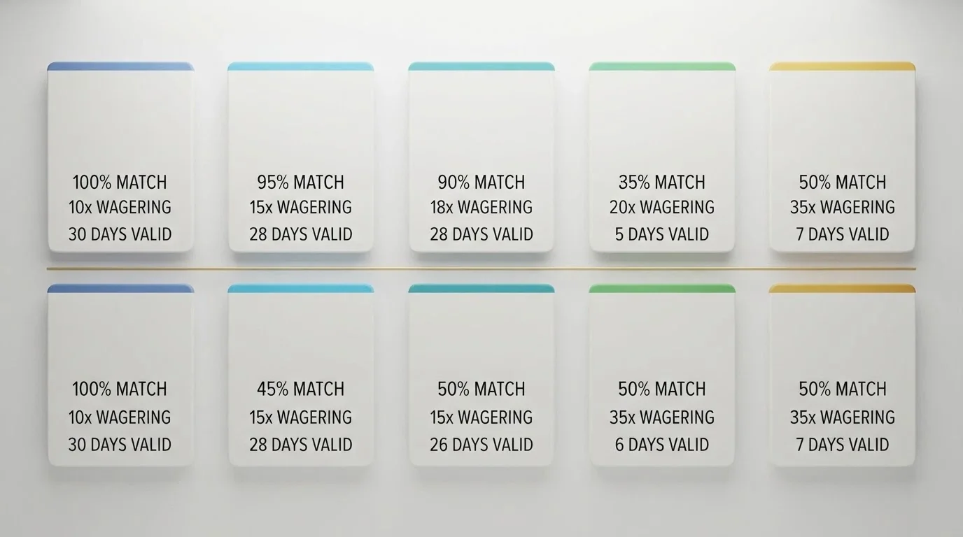 A visual grid of ten offshore casino operator names arranged left to right, each with its match percentage, wagering multiple and validity window displayed beneath it