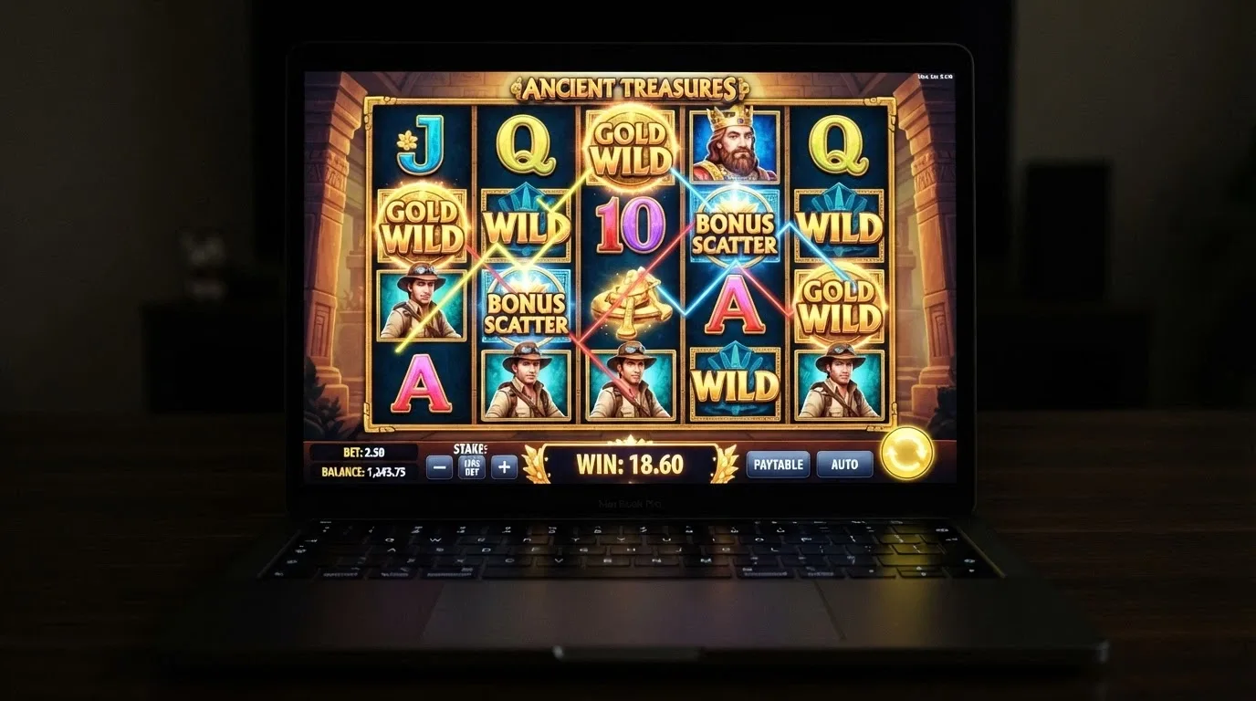 A close-up of a five-reel online pokie screen showing the reel strips, payline indicators, bet panel and win display