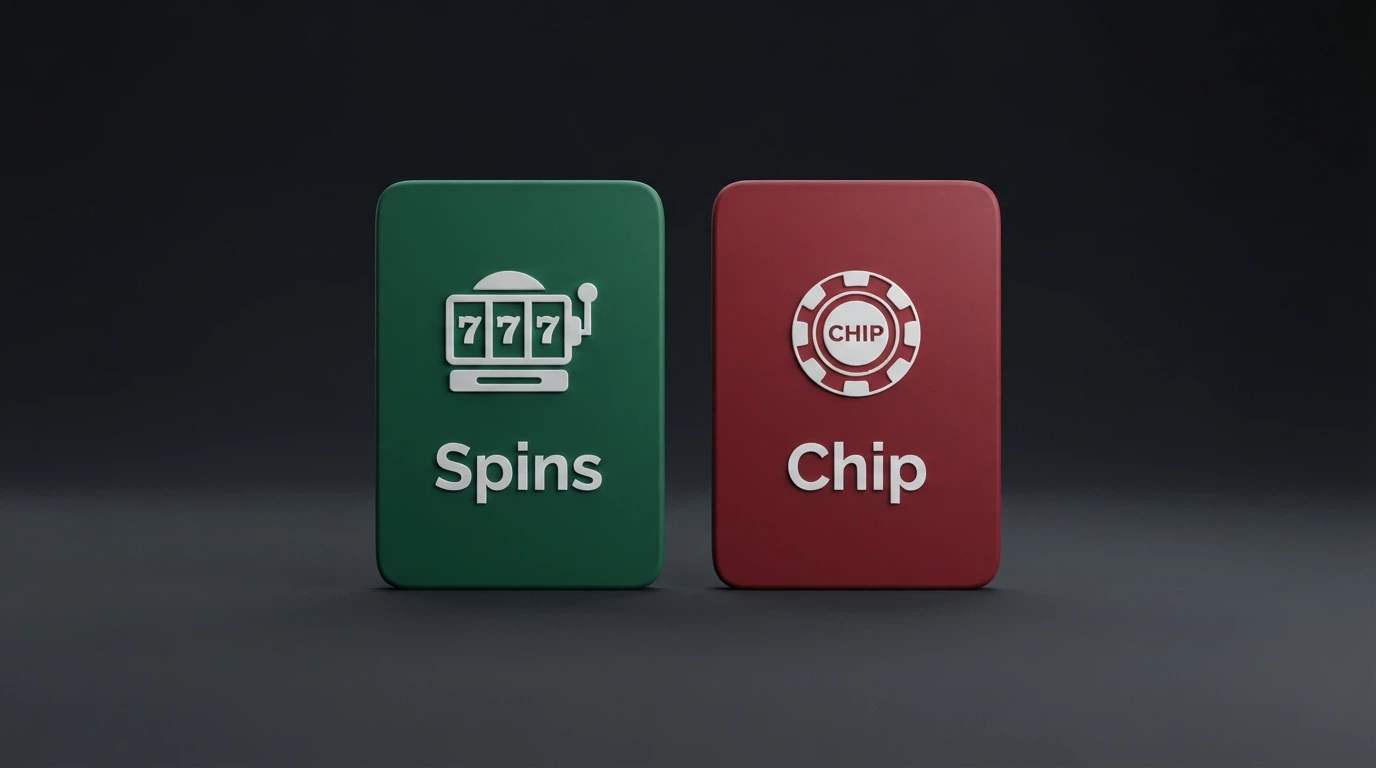 Two casino bonus tiles side by side — one labelled free spins, the other labelled free chip — on a dark casino-themed background