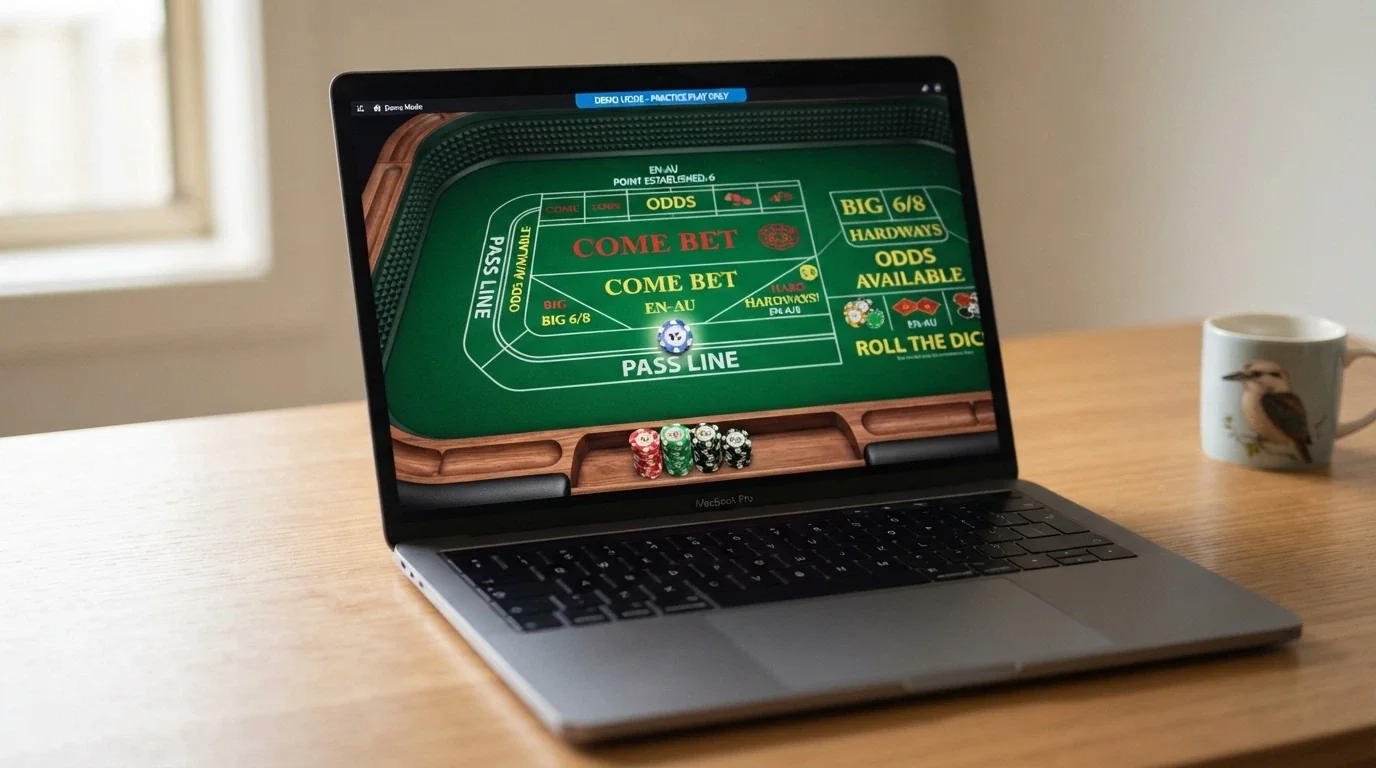 Free-play online craps interface on a laptop screen showing a stack of practice chips and a Pass Line bet placed on a digital table