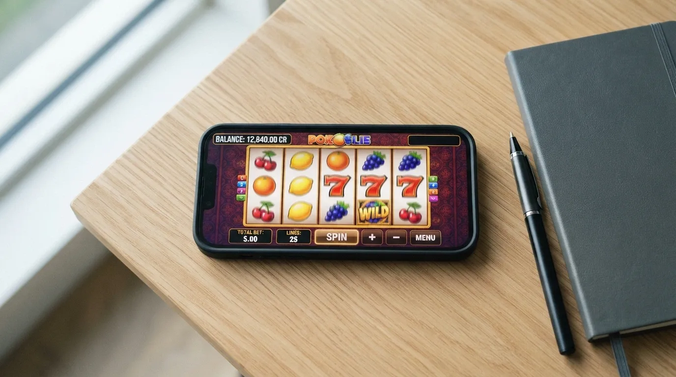 A browser window showing a five-reel pokie loaded in demo mode with a play-money balance displayed in the corner