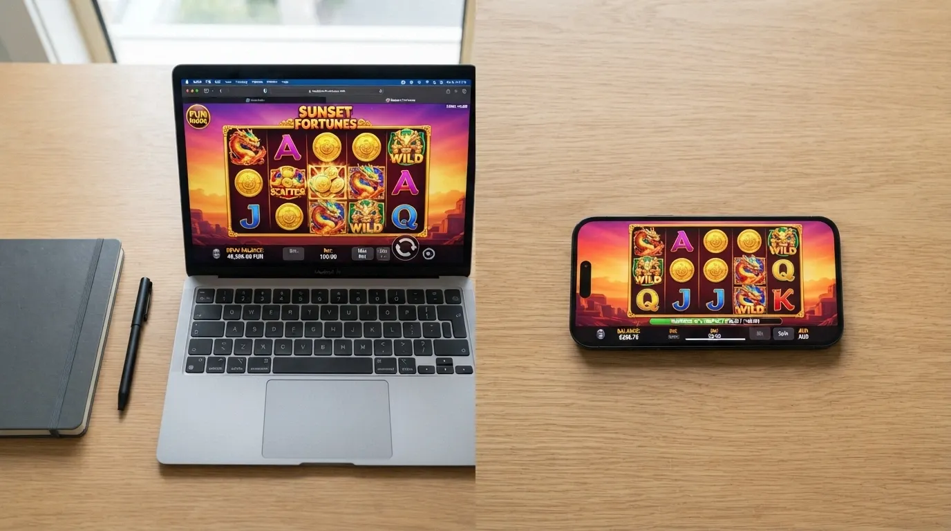 A split screen contrasting a demo-mode pokies with unlimited play-money credits against a real-money account showing a wagering-progress bar