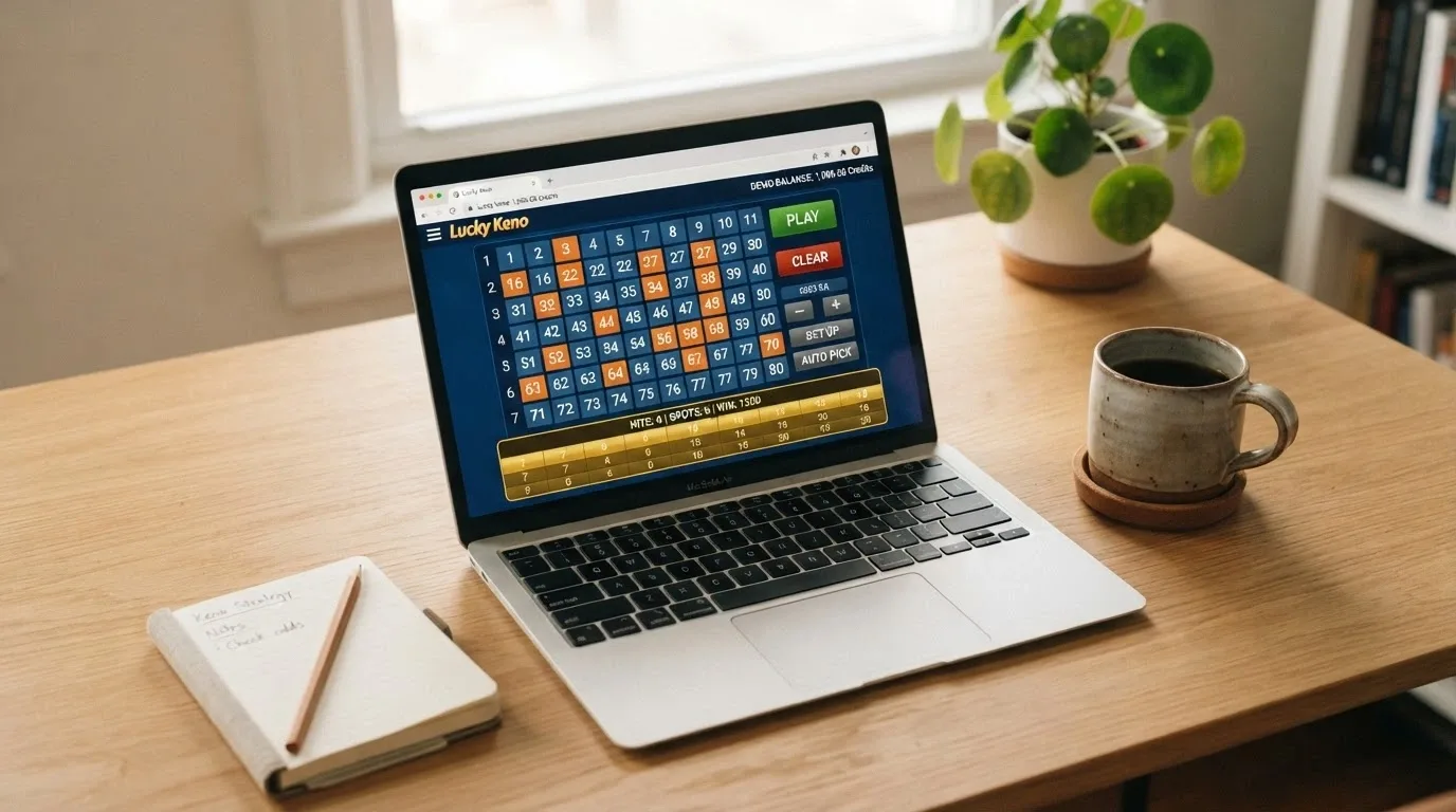 A laptop screen showing a free-play keno game with a demo balance of 1,000 credits and a winning paytable line highlighted