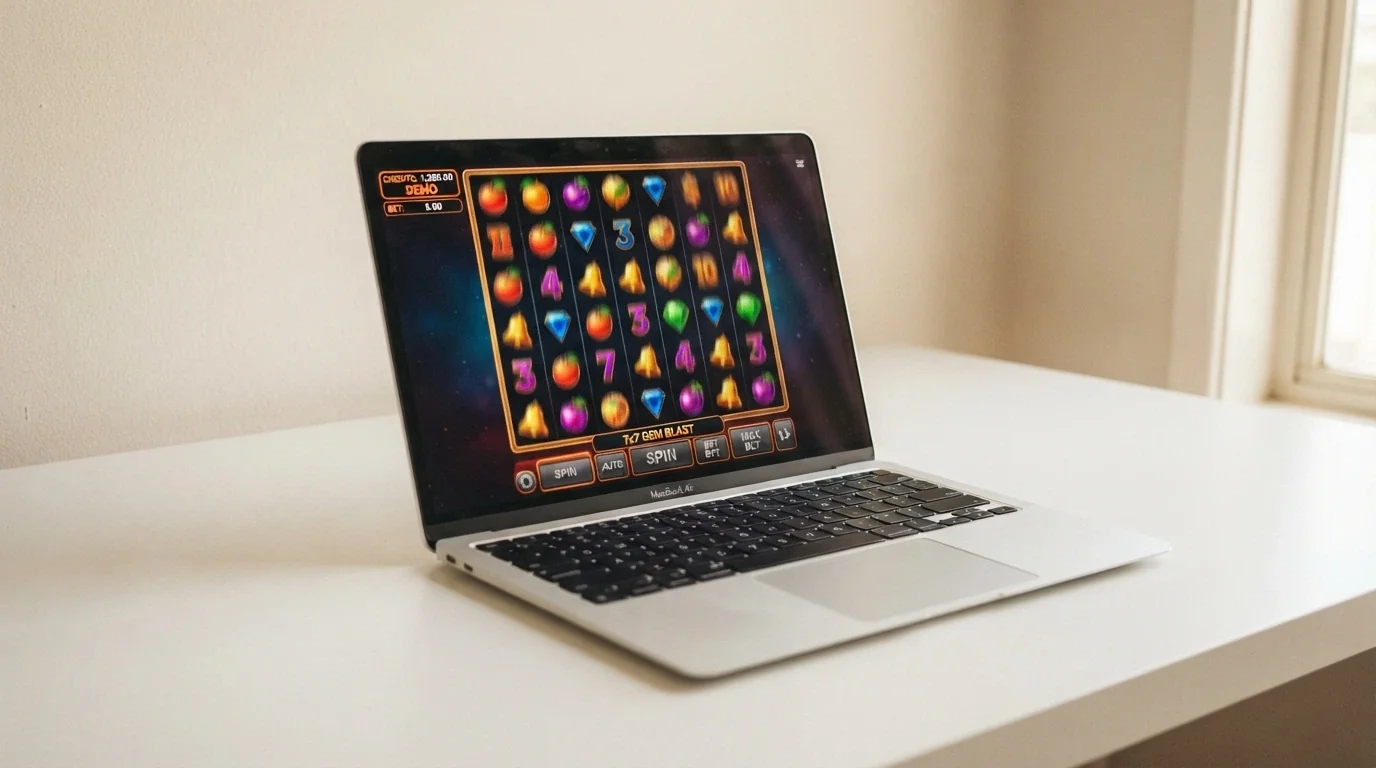 A laptop screen showing a 7-reel pokie in demo mode with a play-money balance displayed in the corner