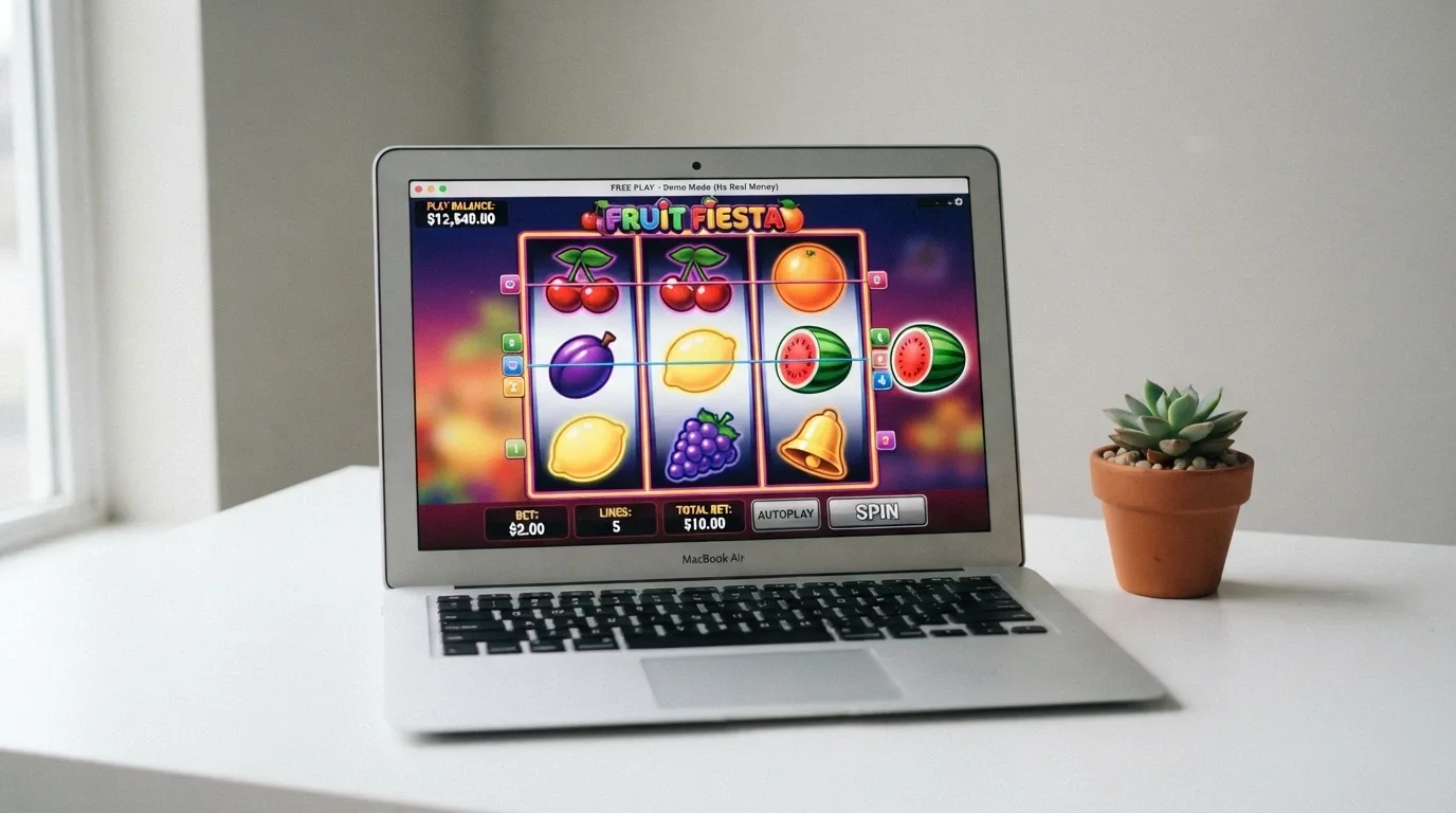 A 3-reel pokie in demo mode with a play-money balance displayed and a visible Free Play or Demo label on the screen