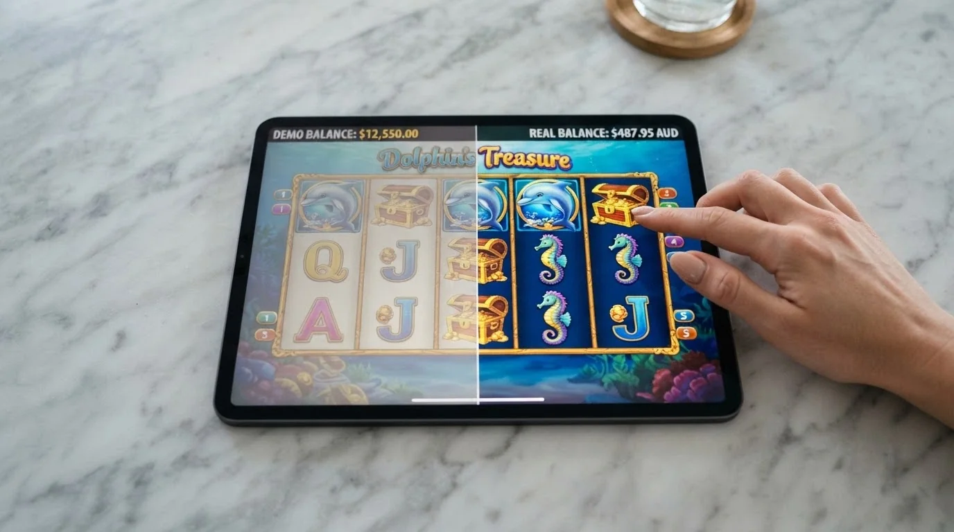 A split-screen view of an iPad: the left side shows a demo-mode pokie with play-money credits, the right side shows the same pokie with a real-money AUD balance