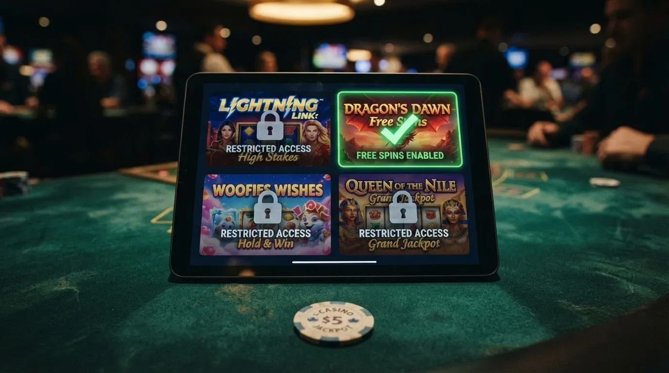 A grid of four colourful online pokie title screens with a lock icon overlaying three of them and a green tick on the one the operator lets you play with free spins