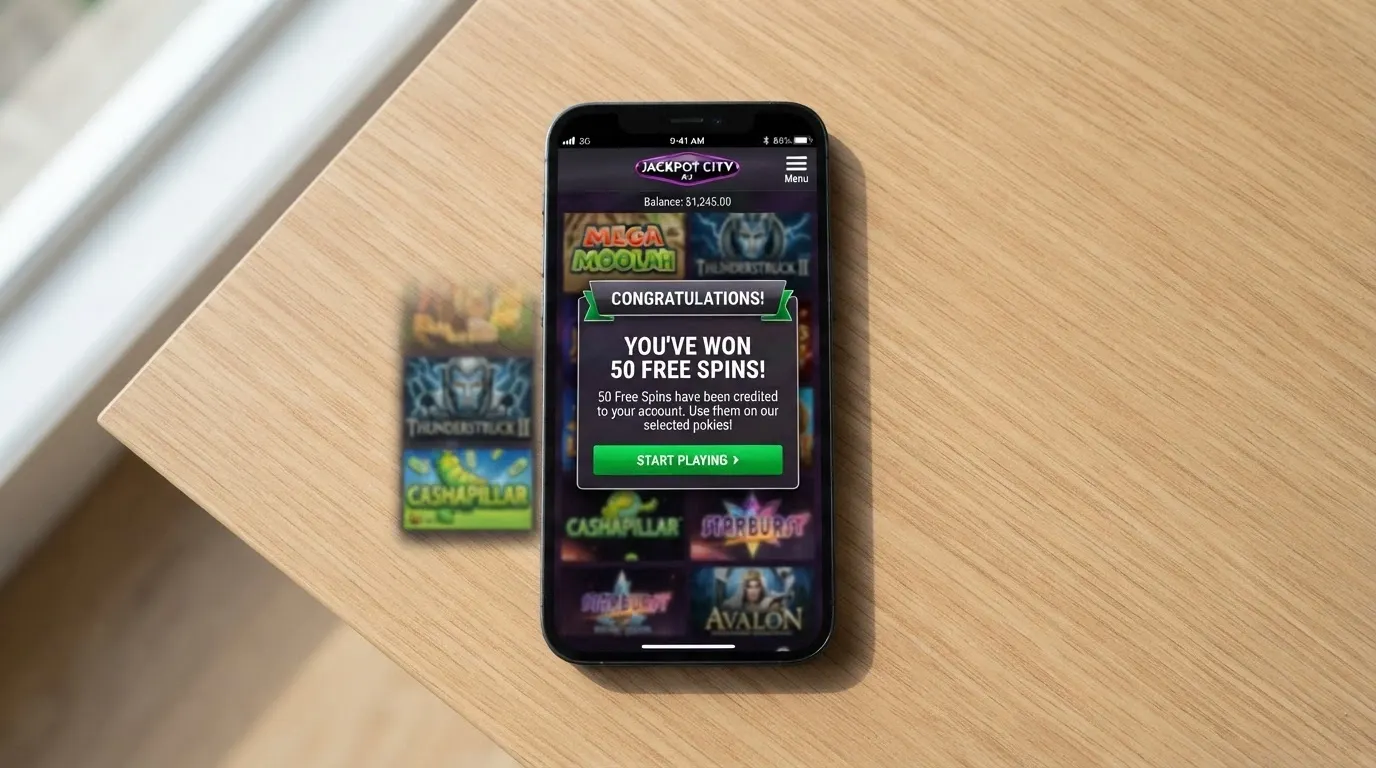 A casino registration screen with a pop-up notification confirming 50 free spins have been credited to the player account