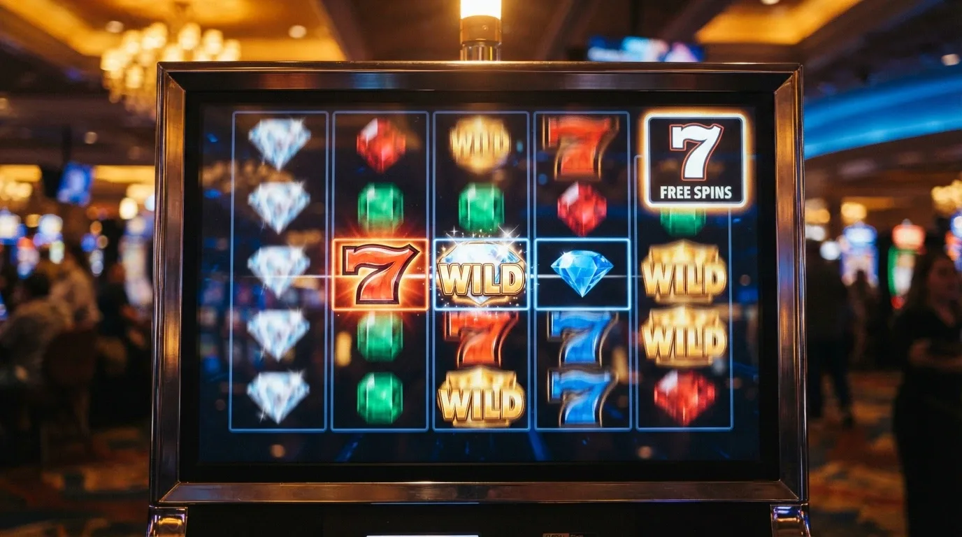 A row of online pokies reels in motion with a free-spin counter overlay showing remaining spins