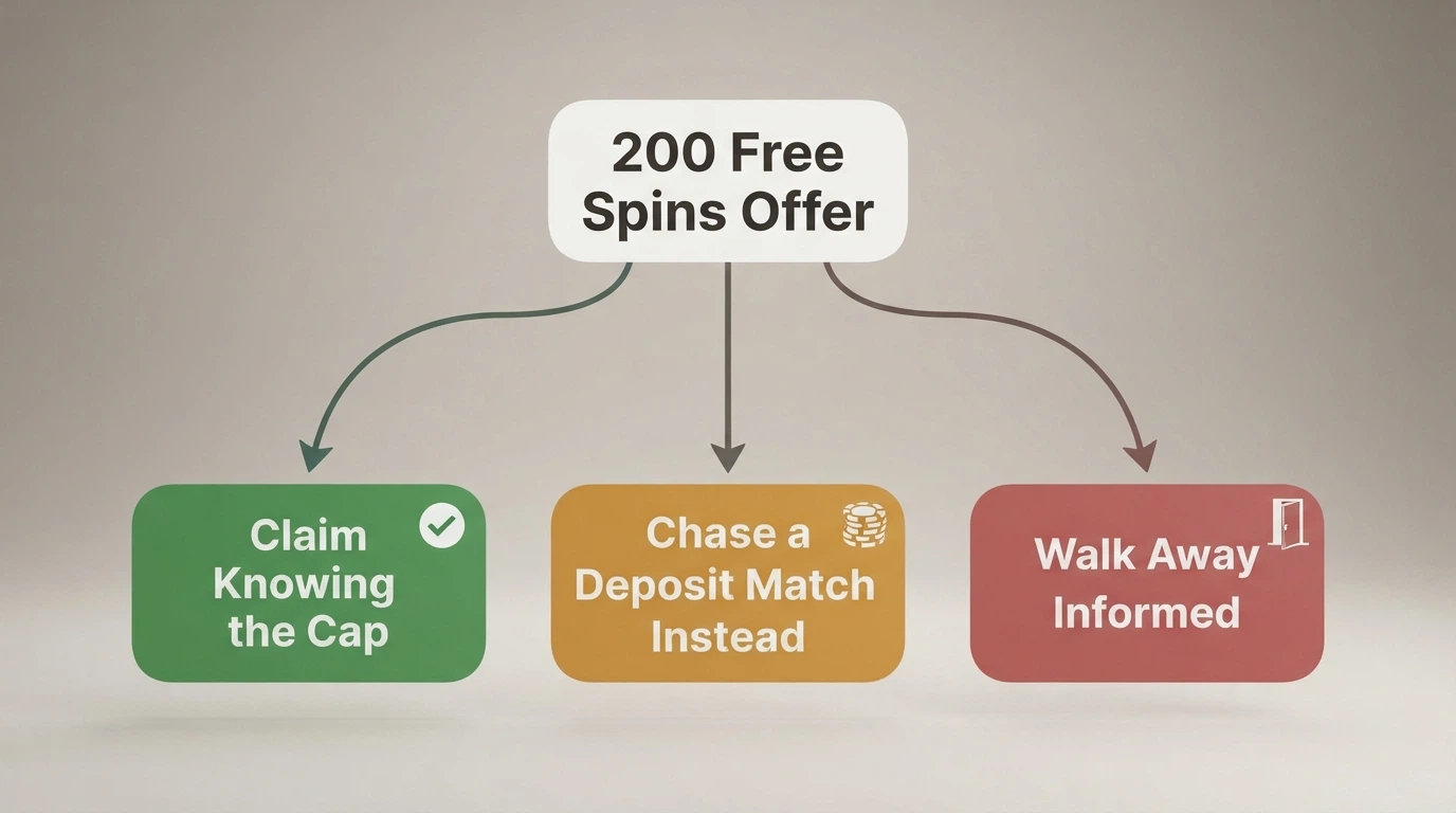 A simple decision-flow diagram with three paths: the player who claims the spins knowing the cap, the player who chases a bigger deposit-match instead, and the player who walks away after reading the legal reality