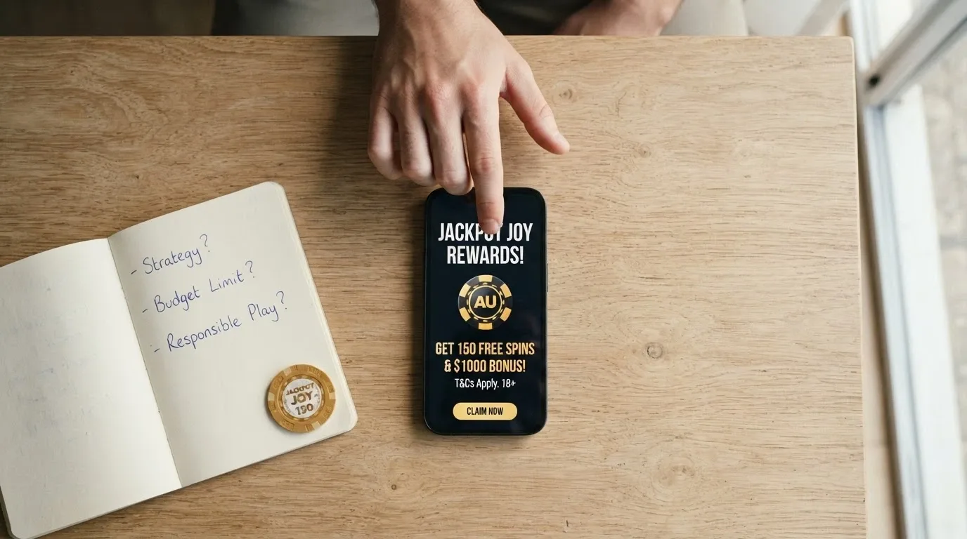 An Australian player's hand hovering over a smartphone with a casino bonus notification, a notebook with three handwritten questions visible beside it