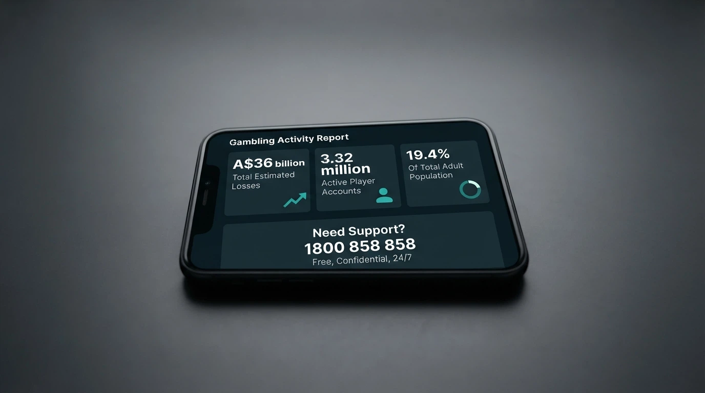 A helpline phone screen showing 1800 858 858 beneath a data-visualisation panel with harm-statistic figures (A$36 billion, 3.32 million, 19.4%)