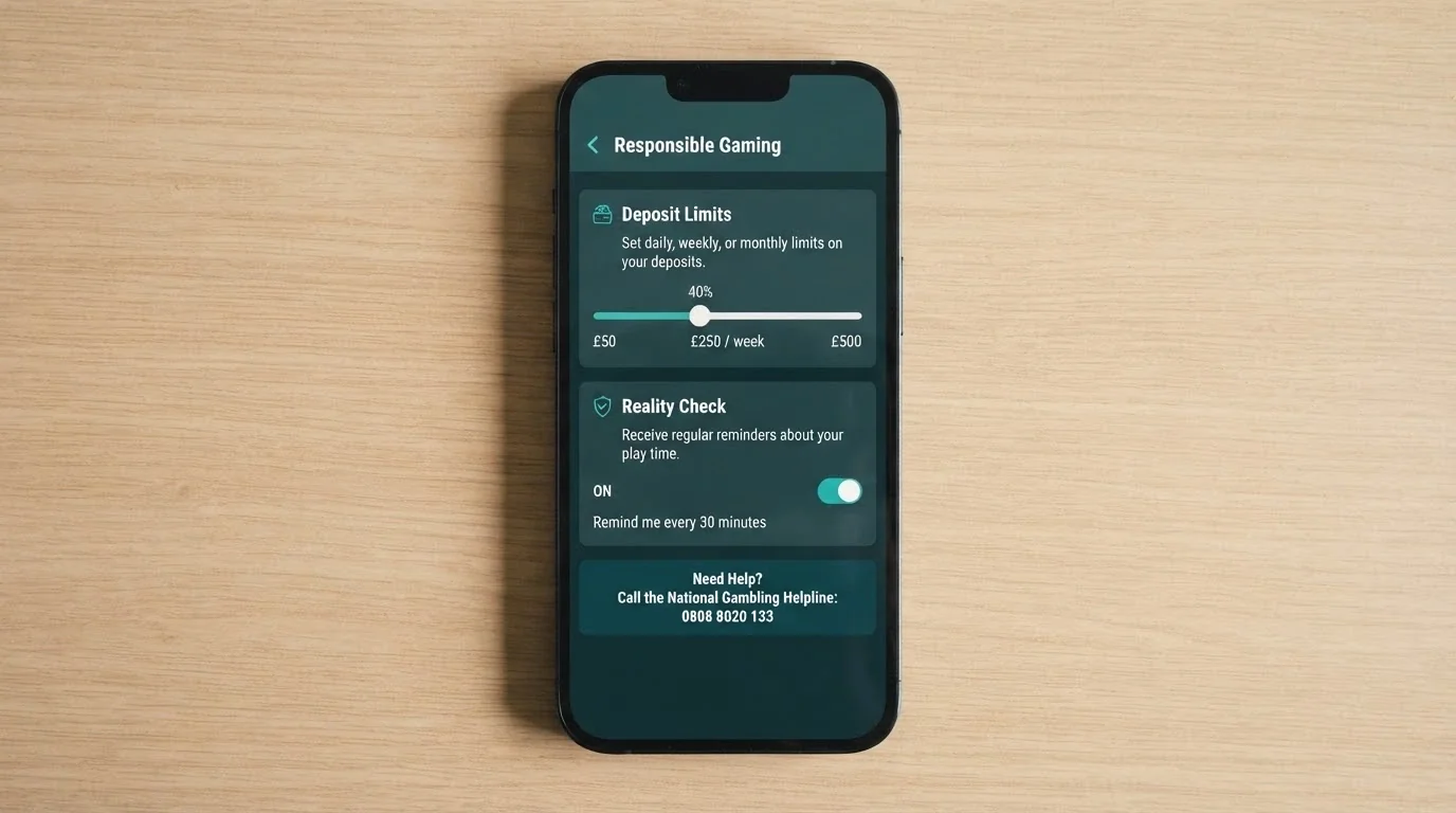 A calm, minimal screen showing deposit-limit and reality-check settings on a casino responsible-gambling panel, with the Australian national gambling helpline number visible