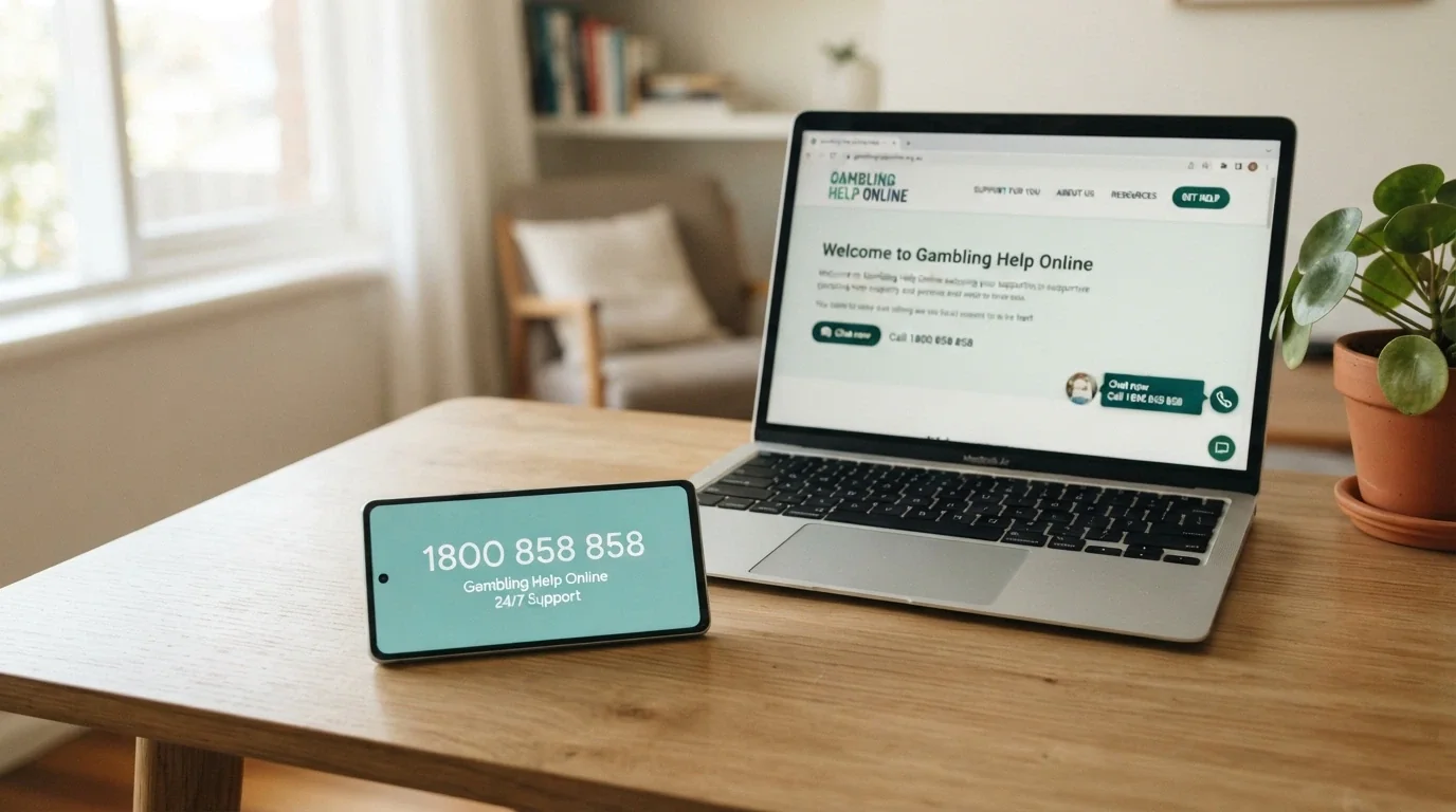 A calm, supportive composition showing a phone with the number 1800 858 858 on screen against the Gambling Help Online website open on a laptop beside it