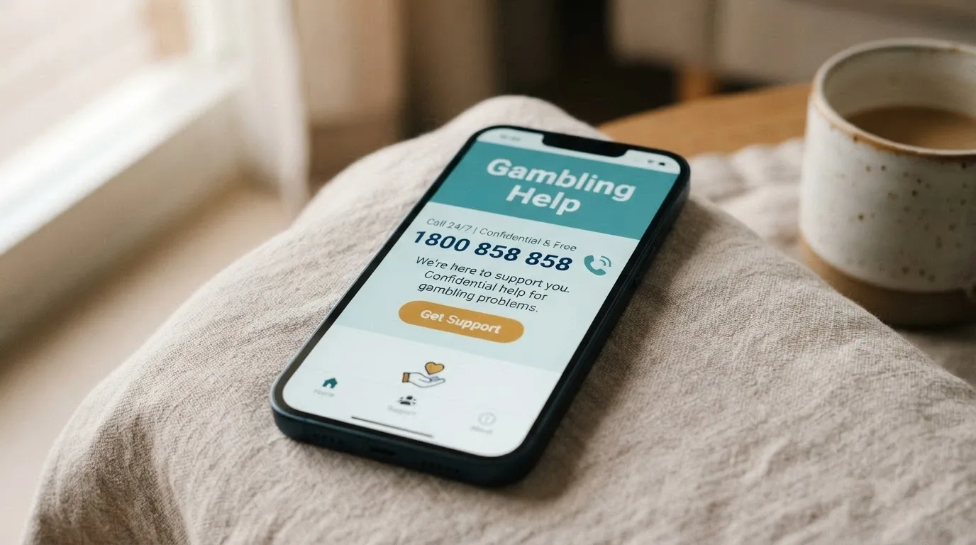 A close-up of a smartphone screen showing the Gambling Help Online website or BetStop registration page, calm setting