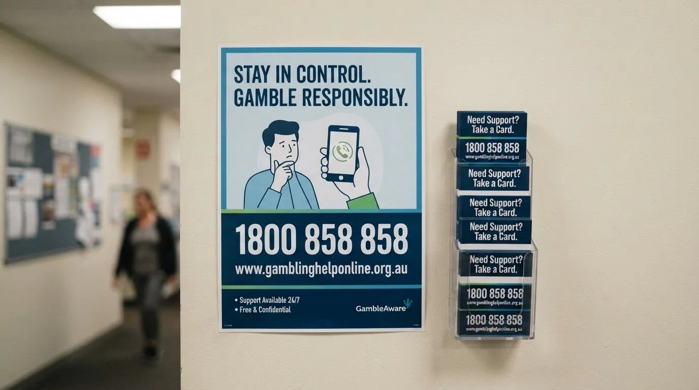 A responsible gambling information display with the 1800 858 858 National Gambling Helpline number and the Gambling Help Online web address clearly visible
