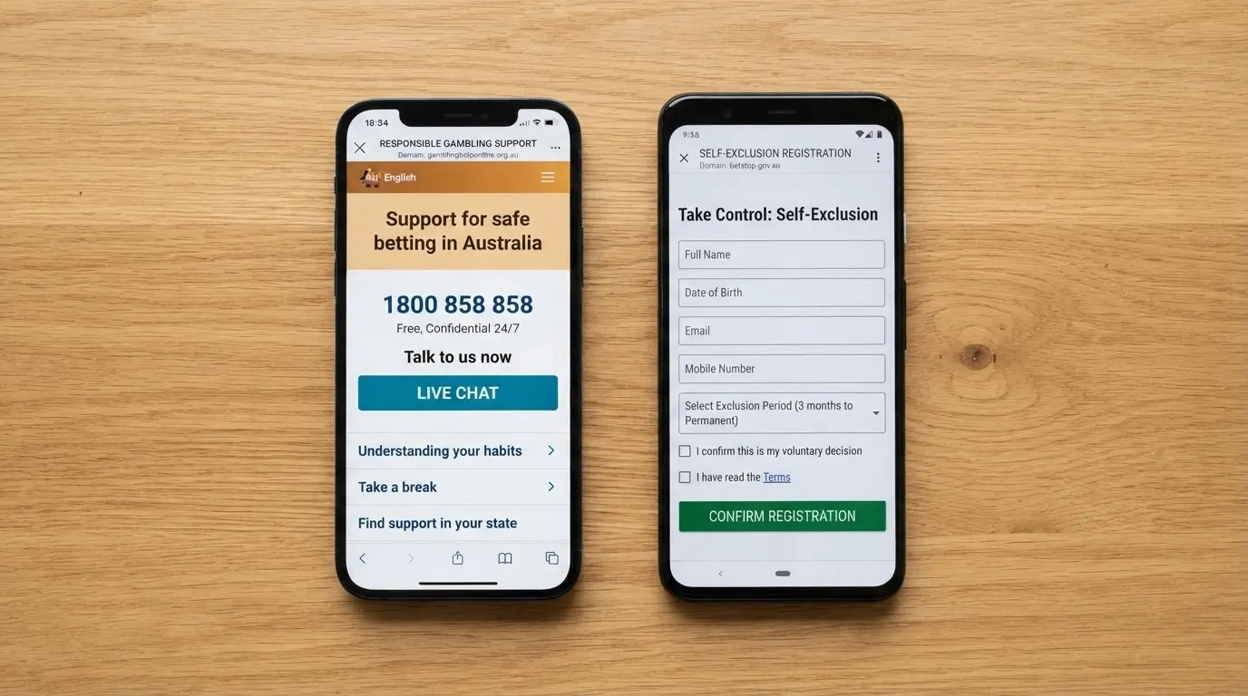 A phone screen showing the Gambling Help Online homepage with the 1800 858 858 helpline number prominent, beside a BetStop registration screen