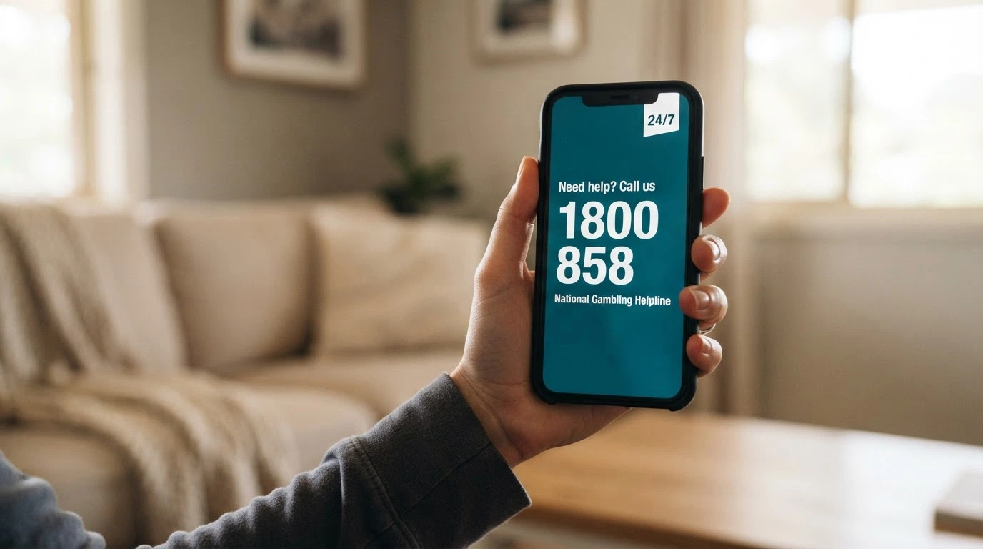 A phone screen showing the National Gambling Helpline 1800 858 858 number with the 24/7 badge and Gambling Help Online logo