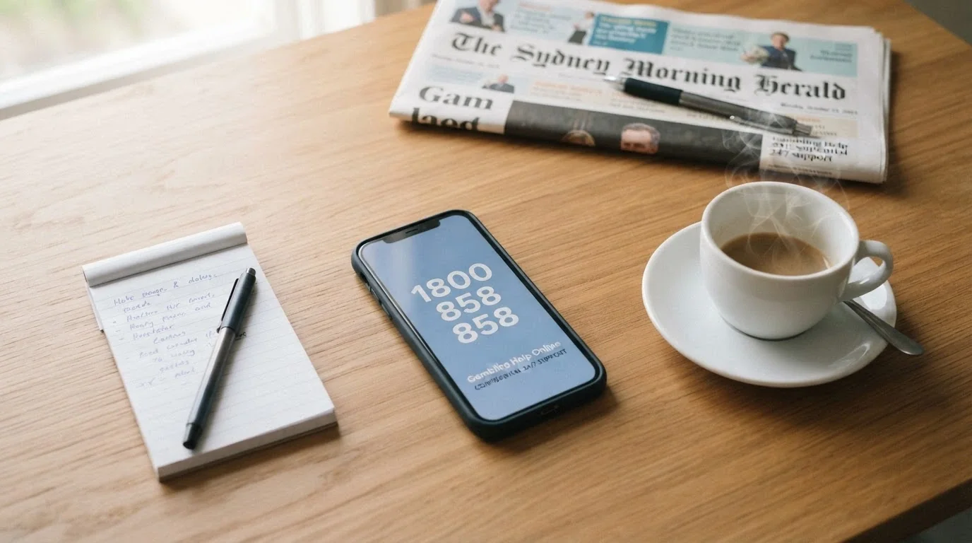 A phone displaying the number 1800 858 858 on screen, resting on a desk next to a cup of coffee, shot in warm supportive tones