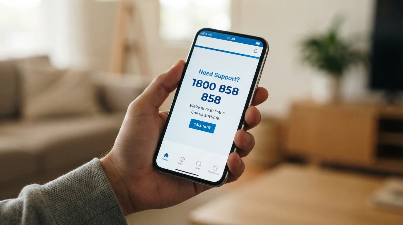 A close-up of a smartphone showing the Gambling Help Online homepage, with the National Gambling Helpline number 1800 858 858 clearly visible on screen