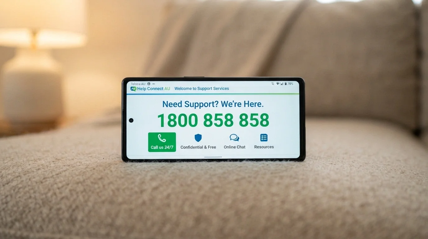 A smartphone displaying the Gambling Help Online homepage with the 1800 858 858 helpline number prominent