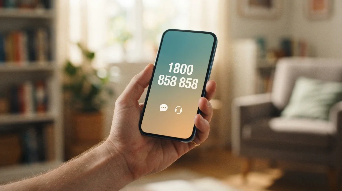 A phone screen showing the 1800 858 858 number on a warm, supportive gradient background, with chat-bubble and headset icons and the Gambling Help Online logo beside it