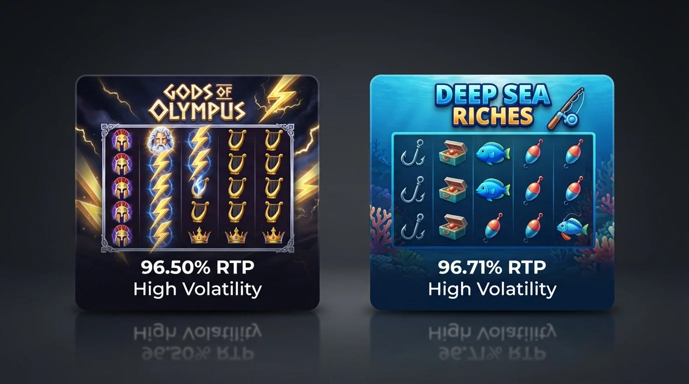 The Gates of Olympus and Big Bass Bonanza title cards side by side with RTP and volatility figures displayed beneath each