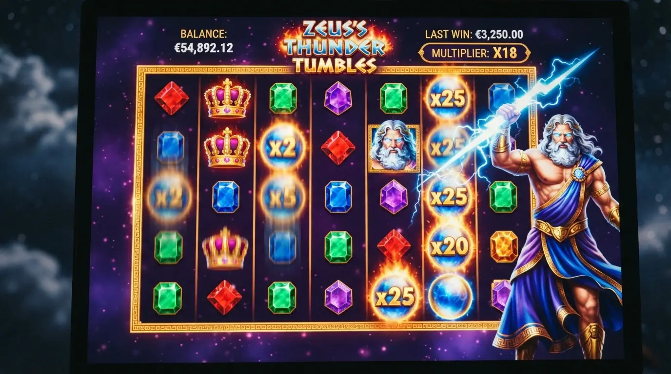 The Gates of Olympus 6×5 tumbling reel grid mid-spin, with multiplier orbs visible and the Zeus figure beside the reels