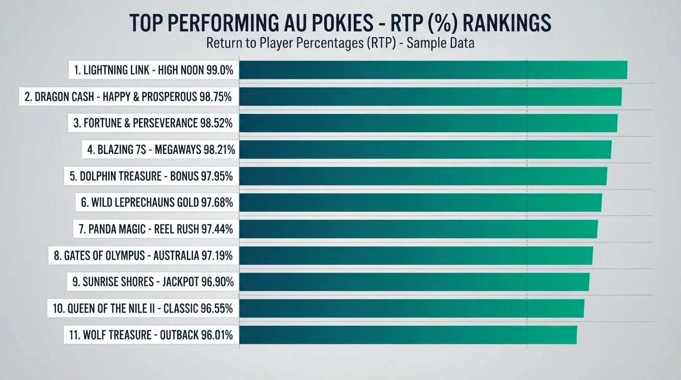 A horizontal bar chart ranking eleven pokie titles by RTP percentage, from Mega Joker at 99.0% down to Wolf Gold at 96.01%, with provider logos beside each bar