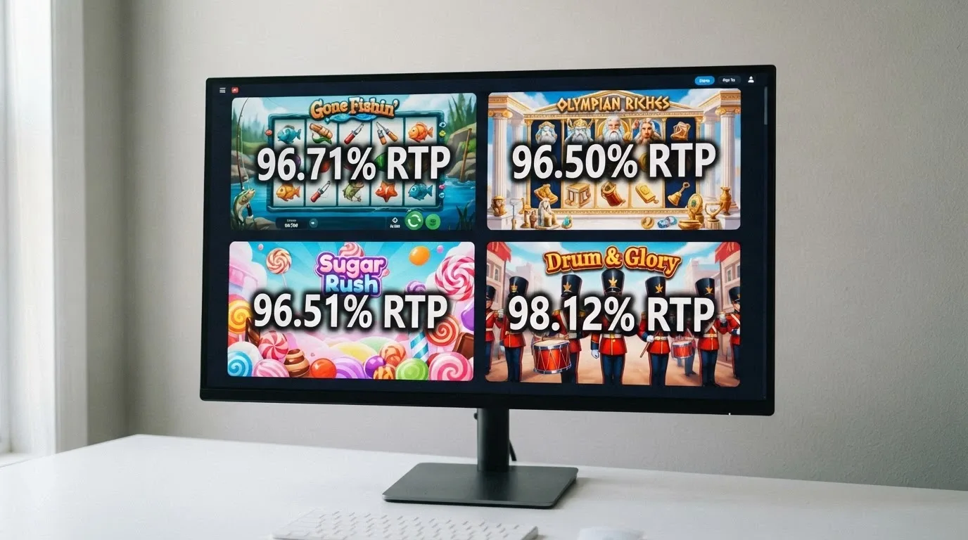 A grid of popular online pokies title cards — Big Bass Bonanza, Gates of Olympus, Sweet Bonanza — with RTP percentages overlaid