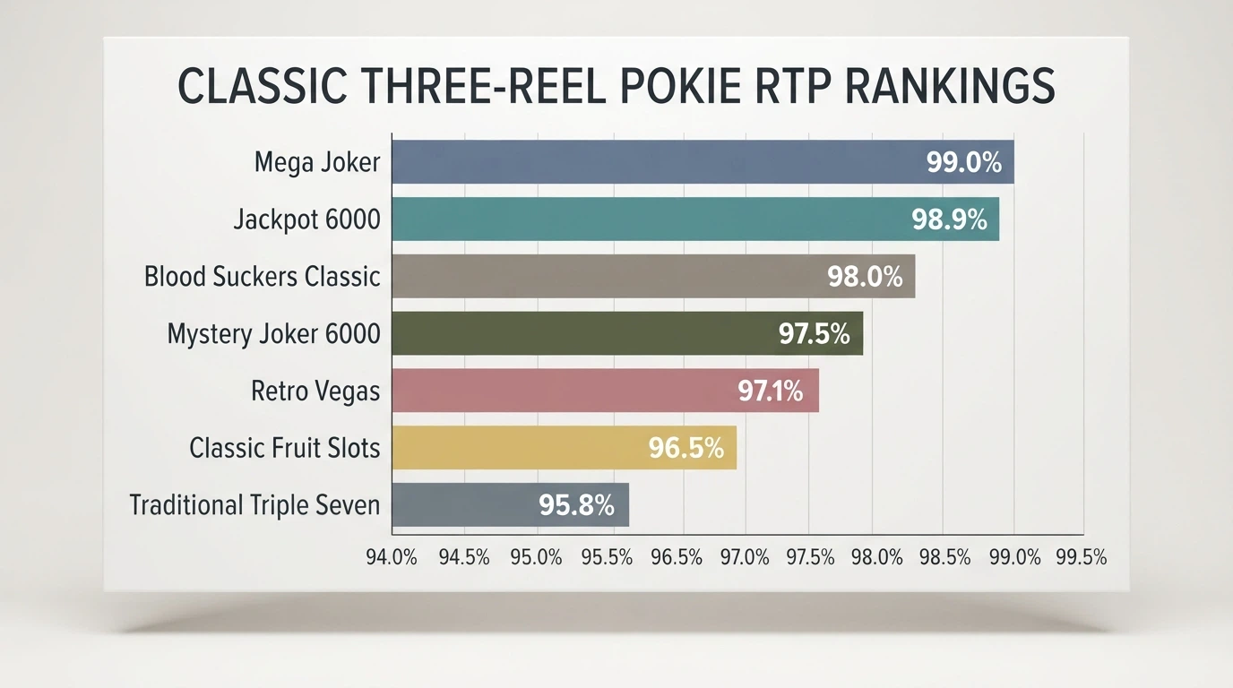 A visual ranking of 3-reel slot titles ordered by RTP percentage, with Mega Joker at the top at 99.0%