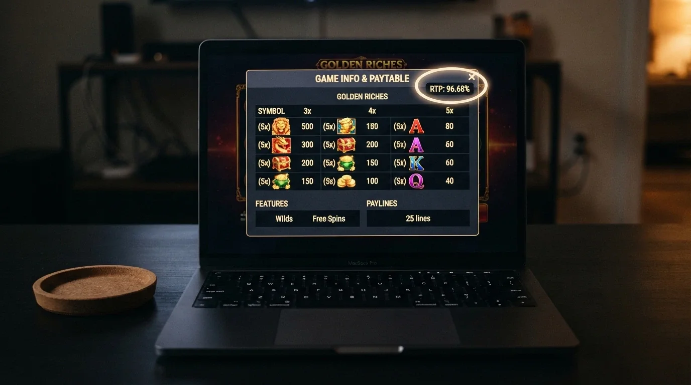 A screenshot of a high-RTP five-reel pokie showing its paytable with the return-to-player percentage highlighted