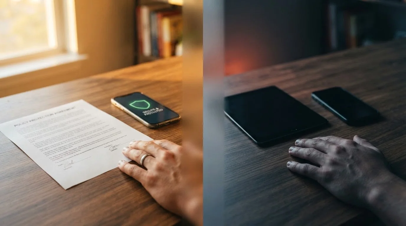 A split visual — one side showing the AU consumer protections a punter has at a licensed wagering provider, the other showing the gaps at an offshore casino