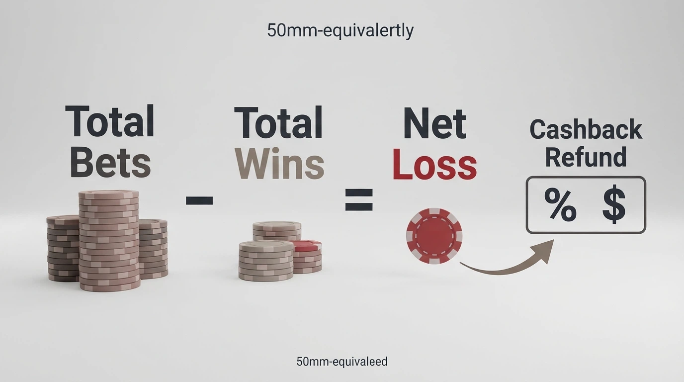 A simple diagram showing total bets minus total wins equals net loss, with a percentage arrow pointing to the cashback refund amount