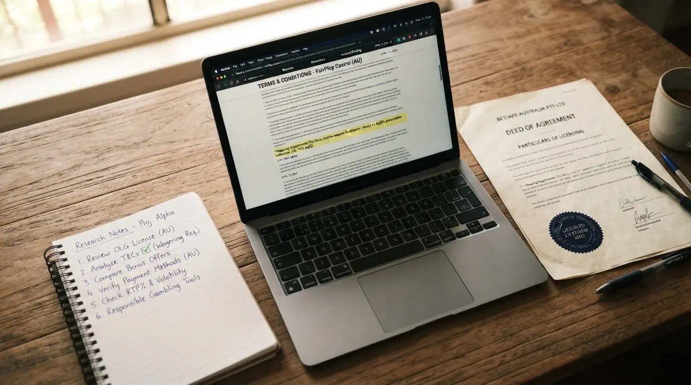 A desk surface with a notepad, a screen showing a casino terms page, and an official-looking register document, conveying research in progress