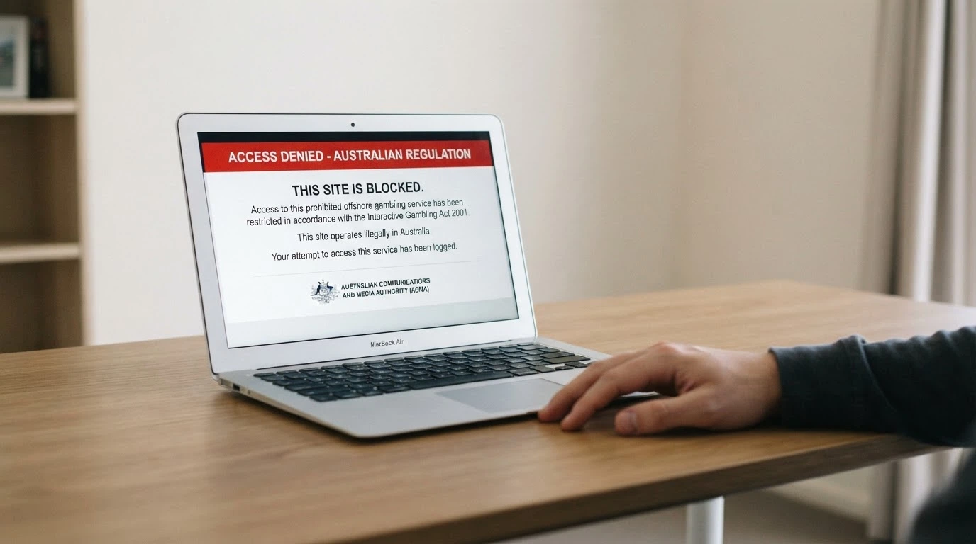 An open law-book or parliamentary document with the Interactive Gambling Act 2001 title page visible, beside a screen showing the ACMA website